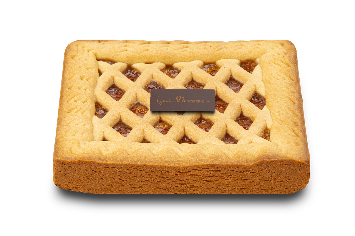 Crostata con Confettura di Albicocca senza lattosio di Iginio Massari Alta Pasticceria: dolce artigianale con base di frolla e ripieno di confettura di albicocche, preparato senza lattosio