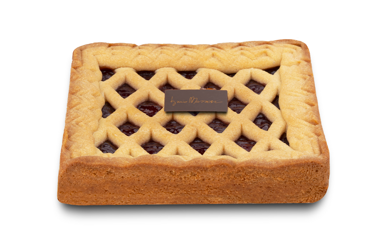 Crostata con Confettura di Lamponi senza Lattosio di Iginio Massari Alta Pasticceria: dolce artigianale con base di pasta frolla e ripieno di confettura di lamponi, presentato in confezione elegante.
