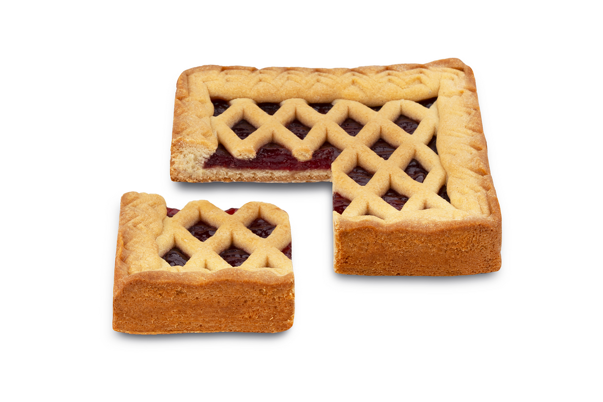 Crostata ai Lamponi senza lattosio di Iginio Massari Alta Pasticceria: dolce da forno artigianale con base friabile di pasta frolla farcita con confettura di lamponi, confezionata in modo elegante.